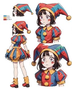 an anime character is dressed up as a clown with different facial expressions and headgear