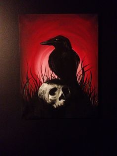 a painting of a black bird sitting on top of a skull in front of a red background