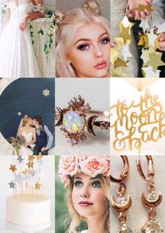 a collage of photos with gold, white and pink