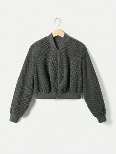 Women's Solid Color Minimalist Casual Long Sleeve Textured Baseball Jacket Grey Casual  Long Sleeve Woven Fabric Plain Bomber Non-Stretch  Women Clothing, size features are:Bust: ,Length: ,Sleeve Length: Color Minimalist, Women Jackets, Baseball Jacket, Kids Sleepwear, Lightweight Jacket, Shorts With Pockets, Gray Jacket, Outerwear Women, All Fashion