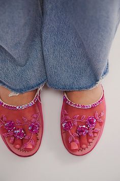 Slip into sweet style with these mesh mules, featuring sequin embellishments and floral motifs for an elevated touch. **Features:** Slip-on style, backless design, sheer mesh uppers, round toe, flat sole, sequin embellishments, beaded floral embroidery **Why We | Liberty Mesh Mules by FP Collection at Free People in Pink, Size: EU 36 Pink Shoe Collection, Mesh Slippers Outfit, Flat Cowboy Boots, Pretty Flat Shoes, Mesh Slippers, Mesh Sandals, Mules Outfit, Slippers Outfit, Mesh Flats