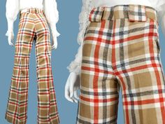 "Made in the 1970s by McMURRAY, The Bottoms Maker. \"SPEAKEASY\" Labeled 28 x 34, which is accurate, but beware...these are very slim through both the hip-bone area as well as the actual hips. Best fit for a modern 0 - 2. ♡ Bold, yet earthy wool-like plaid pants in cream, beige, grey, & bold tangerine orange. These have a trouser cut & the fit is high rise with a slim hip area & relaxed wide cuffed legs with creases. There's also a  nylon Talon zip fly with a slide hook & clasp closure, 2 front 70s Plaid Pants, Orange Outfit Men, 70s Pants, Colorful Pants, Hip Bone, 60s 70s Fashion, 60s And 70s Fashion, Slim Hips, Tangerine Orange