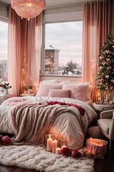 a bedroom decorated in pink and white with candles on the bed, windows, and rugs