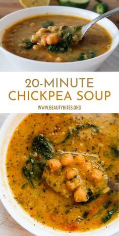 two bowls of chicken and spinach soup with text overlay that reads 20 - minute chickpea soup