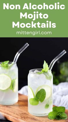 two glasses filled with lemonade and mint mojits on top of a cutting board