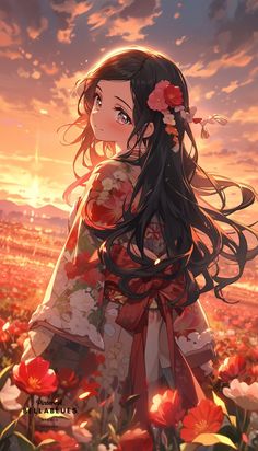 Nezuko Kamado, Black Hair, Flowers, Red