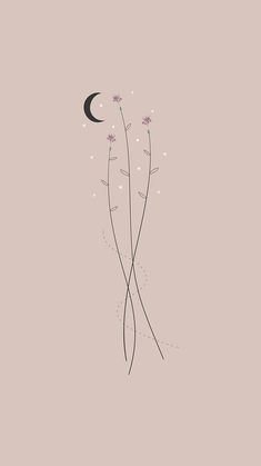 two flowers and a crescent on a pink background with the moon in the sky above them