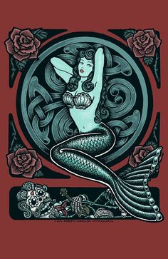 a drawing of a mermaid sitting on top of a rock with roses around her neck