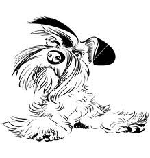 a black and white drawing of a dog with a hat on it's head