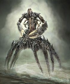 a giant spider sitting on top of a body of water with its legs spread out