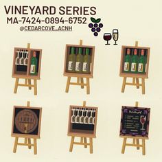 an advertisement for vineyard series with wine bottles and glasses on easels