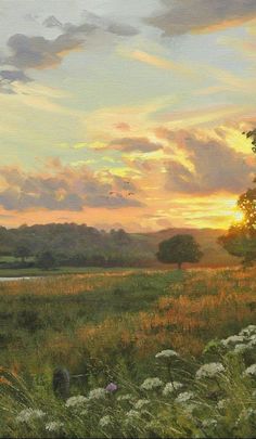 a painting of the sun setting over a field with wildflowers and trees in the foreground