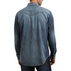 Ideal for casual, laid back events, the Wrangler Retro Blue Denim Long-Sleeve Western Shirt for Men is great for nights of dancing or heading to the rodeo. Constructed of lightweight denim, this shirt pairs well with just about any outfit, featuring Western yokes, a 7-button placket, and double-needle stitching for a classic Western look. Machine wash. Imported.  Manufacturer style #: MVR458.   100% cotton denim  Lightweight  Clean, worn wash  Western yokes  7-button placket  Double-needle stitc Denim Blue Long Sleeve Shirt For Rodeo, Long Sleeve Denim Blue Shirt For Rodeo, Dark Wash Long Sleeve Shirt For Rodeo, Relaxed Fit Medium Wash Shirt For Rodeo, Denim Blue Long Sleeve Top For Rodeo, Long Sleeve Denim Shirt For Rodeo, Western Style Medium Wash Relaxed Fit Shirt, Western Style Dark Wash Relaxed Fit Tops, Dark Wash Relaxed Fit Western Tops