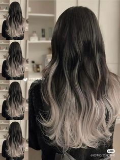 Black And Platinum Balayage, Half Silver Half Brown Hair, Ombre Bleached Hair, White Balayage On Dark Hair, Brown Hair With White Ends, Brown To White Ombre Hair, White Roots Dark Ends, Black Hair Bleached, Black To White Ombre Hair