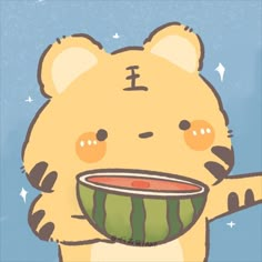 a cartoon bear holding a watermelon bowl