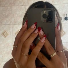 Red french tip nails Red Nails Almond French, Glazed Red French Tip Nails, Red Tip French Nails, Red Wine French Tip Nails, Red French Almond Nails, Almond Red French Tip Nails, Red French Tip Toes, Red Tips Nails, Dark Red French Tip