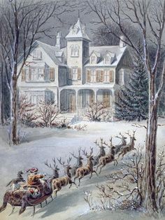 a painting of santa's sleigh and reindeers in front of a large house