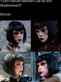 two different pictures of the same woman with black hair and makeup, one has horns on her head