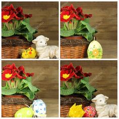 four pictures of easter eggs with flowers in them and lamb figurines next to them