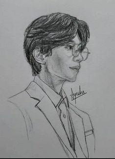 a pencil drawing of a man with glasses on his head and hair in a suit