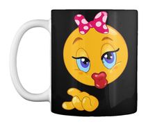 a yellow mug with a pink bow on it's head and eyes that are frowning