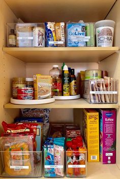 an organized pantry filled with food and snacks