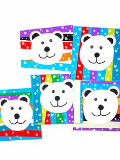 four polar bear cards are shown in three different colors and shapes, with one panda's face on the front