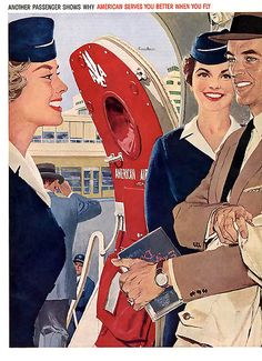 an advertisement for american airlines shows two women shaking hands with one another and the other man in uniform