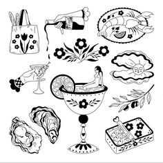 black and white drawings of different items on a white background