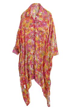 Hit the beach or kick it poolside in this flowy kaftan that features an allover floral pattern, kimono-inspired sleeves and a sharkbite hem. V-neck Kimono-inspired sleeves 100% viscose Hand wash, line dry Imported Oversized Silhouette, Weekend Getaway, Floral Shirt, Summer Days, Effortless Style, Breathable Fabric, Floral Pattern, Hot Pink, Color Pop