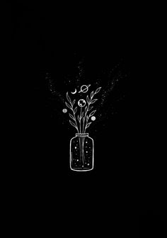 a black and white drawing of flowers in a jar on a dark background with bubbles