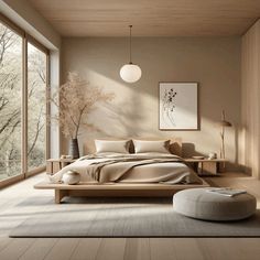 a large bed sitting in a bedroom on top of a hard wood floor next to a window