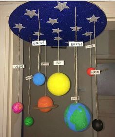 the solar system made out of paper and string with stars hanging from it's sides