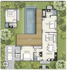 an aerial view of the floor plan of a house with swimming pool and outdoor furniture