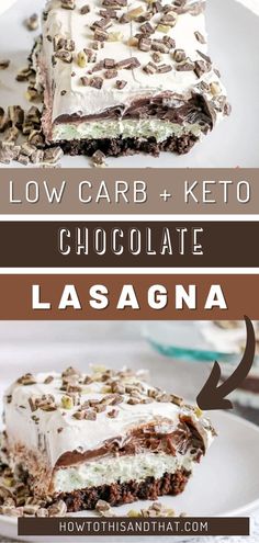 low carb and keto chocolate lasagna dessert on a white plate with text overlay