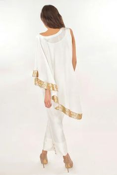 Shop for Jasmine Bains Ivory Silk One Shoulder Cape And Trouser Set for Women Online at Aza Fashions White Silk Party Set, White Embellished Sets With Cape Sleeves, Elegant One-shoulder Sequin Set, Elegant One Shoulder Set With Dupatta, Elegant One-shoulder Set With Dupatta, One Shoulder Cape, Shoulder Cape, Ivory Silk, Silk Embroidery