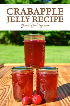 three jars filled with red liquid sitting on top of a wooden table next to two cherries