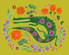 a painting of a green alligator surrounded by flowers