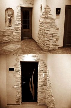 the door is made out of stacks of books and has been opened to reveal an entrance