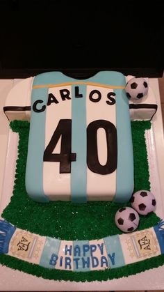 a birthday cake made to look like a number forty with soccer balls on the grass