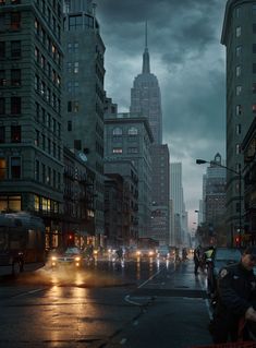 a city street at night with cars and people