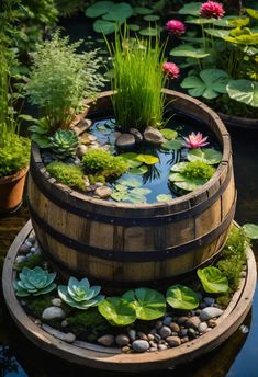 a wooden barrel filled with water lilies and plants