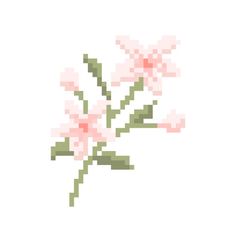 a cross - stitch pattern of pink flowers on a white background, with green stems in the foreground