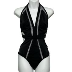 Wow Couture Black One Piece Swimsuit With Mesh Cut Out Details, Deep V-Neckline, And Sexy Cheeky Coverage. This Swimsuit Has Hook And Loop Back Closure At The Back Of The Neck And Double Hook And Eye Closure At The Lower Back. - Size: L - Material: 82% Nylon, 18% Spandex, Contrast: 92% Polyester/5% Spandex - Appearance: Excellent Condition, Never Worn Nwt Black V-neck Swimwear For Evening, Swimwear 2021, Cut Out One Piece, Black One Piece Swimsuit, Swimming Costume, Black One Piece, Swimwear Collection, Monokini, Hook And Loop