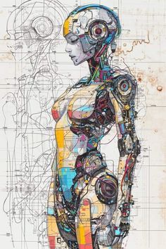 a drawing of a woman's torso and body with many different parts in it