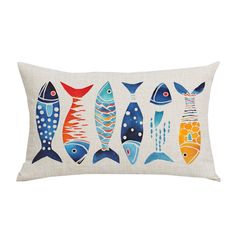 an embroidered pillow with fish on the front and sides, in various colors that appear to be painted