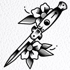 a black and white drawing of a knife with flowers on it