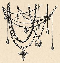 a drawing of a cross, skull and other items hanging from it's sides