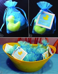 a yellow bowl filled with green apples and blue bags