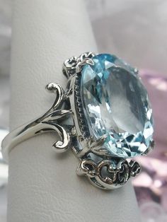 Natural Blue Topaz Ring, Solid Sterling Silver Filigree, Vampire Gothic Jewelry, Silver Embrace Jewelry